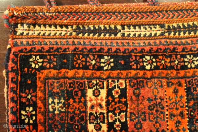 Very rare spectacular 70-80 years old Persian Baluch hand-knotted full piled chanteh with original fasteners and excellent pattern & plain weave back with natural dyes & 100% wool category: Persian origin/type: Baluch  ...