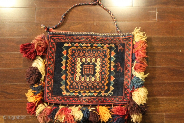The old Persian Afshari hand-knotted piled chanteh with original plain weave back with tassels, natural and synthetic dyes & 100% wool category: Persian Origin/type: Afshari / Bird design Age classification: 1940+ size:  ...