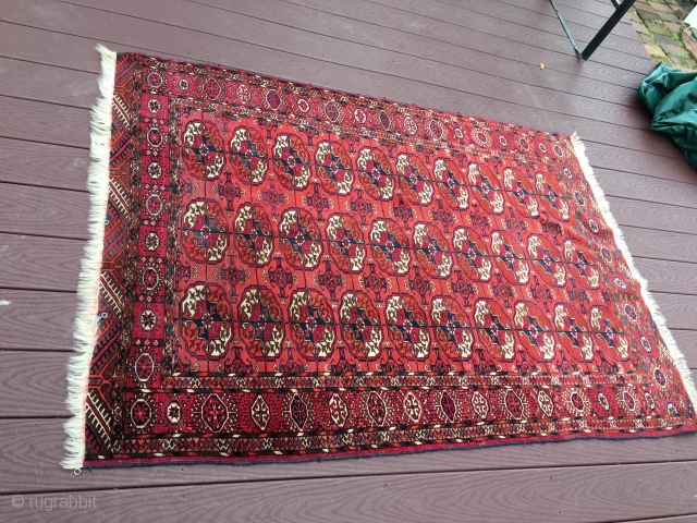 measures 4' x 5' 8" great drawing very nice condition super clean no issue turkoman tekke rug.                