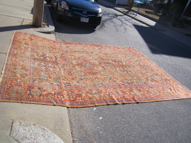 beautiful antique camel ground persian mahal oriental rug measuring 8' 8" x 12' 3' solid rug very floppy low even pile no repair clean rug thin pile with even visible foundation very  ...