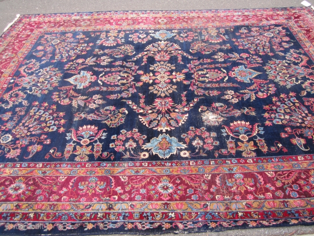 rare blue field antique lillihan sarouk rug measuring 8' 10" x 12' 6" good condition some worn area solid rug no holes no dry rot clean no pets and no smoke 975.00  ...