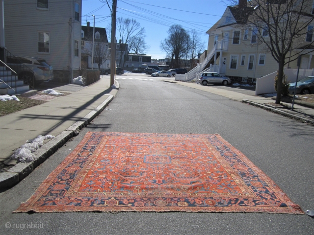 antique 1890 heriz rug measuring 10' 5" x 11' 8" great colors and design solid rug no dry rot no stains worn selvage one on each side some wear as shown no  ...