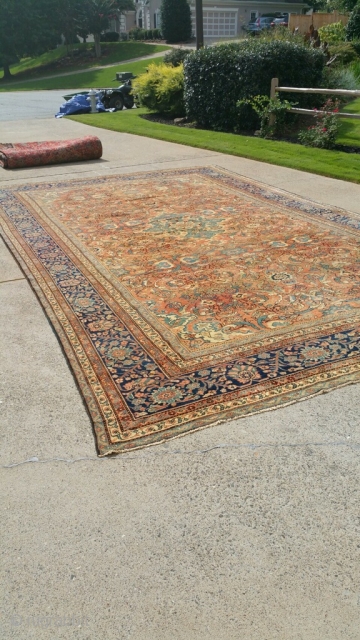 Antique mahal palace size 14 x 21 solid rug very floppy have old patches  clean rug can send more picture            