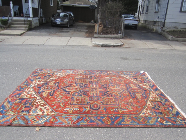 amazing antique Karaja super beautiful border design huge colorful anchor 8' x 10' 8" solid rug scattered wear worn ends clean no dry rot ready to go. SOLDDDDDDDDDDDDDDDD     