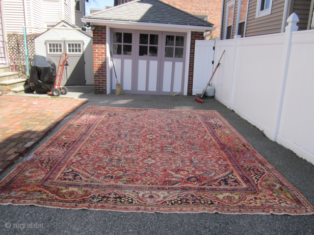 solid antique mahal rug measuring 10' 5" x 13' 5" nice colors no dry rot clean rug some moth damage and one corner damage as shown cheap SOLDDDDDDDDDDDDDDDDDDD     