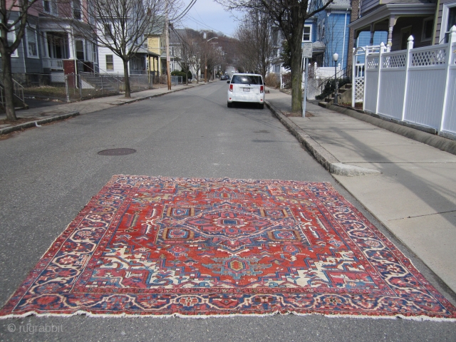 antique serapi squarish heriz rug 10' 2" x 10' 6" good colors clean some scattered wear throughout nothing major few old repair solid rug very floppy ready to go everything sells here  ...