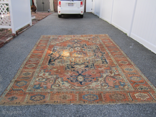 antique persian heriz serapi(SOLD SOLD SOLD) measuring 8' 3" x 11' 6" no pets no smoke no dry rot in  poor condition with lots of old repair also cuts tear as  ...
