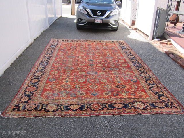 beautiful antique mahal rug measuring 8' 5" x 12' 5" very nice colors solid rug some minor damage as shown easy repair some low pile area and minor moth bite at the  ...