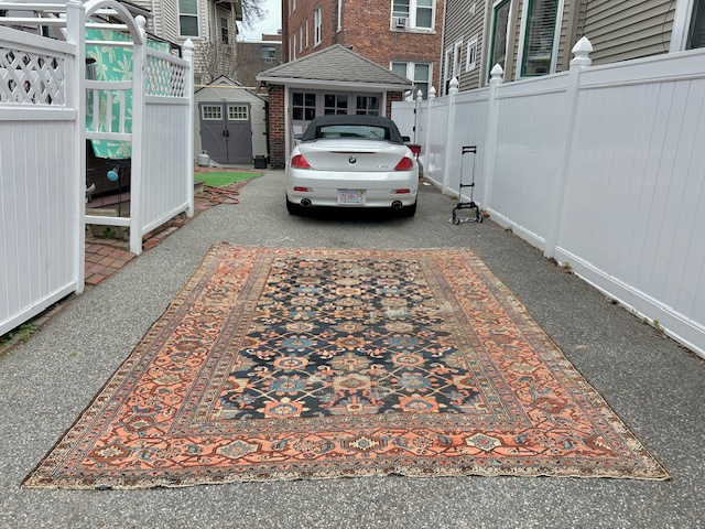 blue field rare heriz 9' 2" x 12' 3" area of worn and one hole as shown floppy no dry rot no animal no stain great rug      