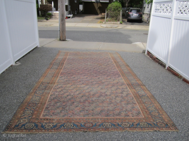 antique oriental rug looks to me like turkish but not sure maybe mahal gallery size 7' 6" x 14' 8" solid rug no holes some low pile visible foundation and some old  ...