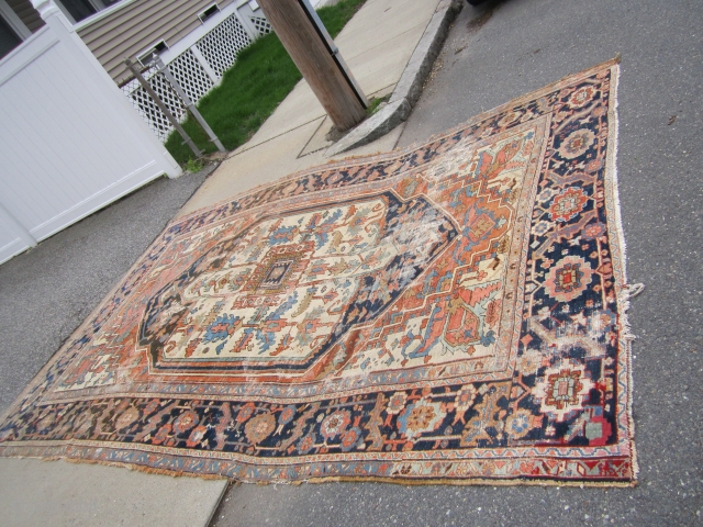 antique heriz serapi rug 8' 8" x 12' 6" in poor condition restorable as shown nice design and rare colors no dry rot no pets 1375.00 plus shipping SOLDDDDDDDDDDDDDDDDDDDDDDDDDD    