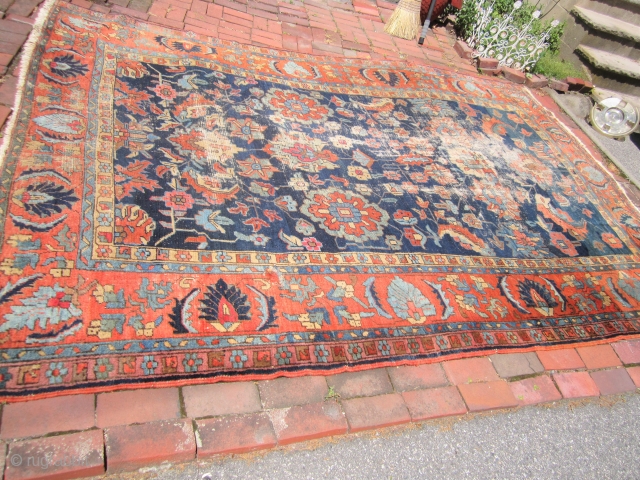 heriz rug measuring 7' 2" x 10' 5" good colors worn area and repair and one patch as shown no dry rot no pets $625 plus shipping SOLDDDDDDDDDDDDDDDDDDDDDDD     