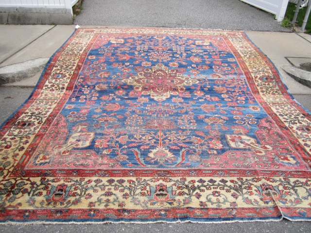 beautiful antique mahal rug measuring 10' 4" x 13' 7" great yellow wide border indigo field solid rug very floppy no dry rot worn with moth damage on one side as shown  ...