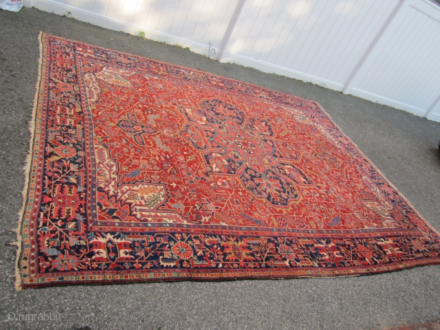 nice old heriz karaja rug measures 9' 4" x 11' 7" very good condition couple of minor low spot and few loose selvage no animal or smoke ends are fine nice colors  ...