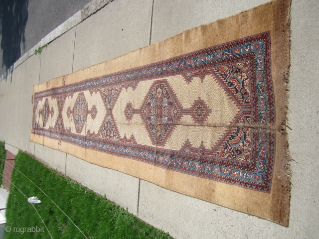 antique classic design sarab runner measuring 42" x 190" condition is as shown worn old moth damage  crease solid rug no dry rot needs cleaning cheap money big profit remember everything  ...