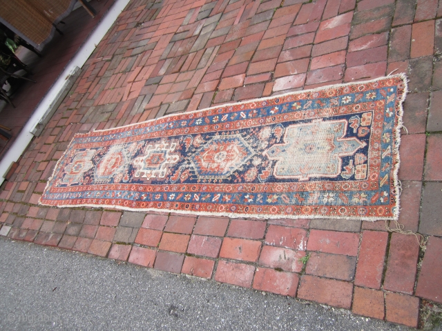 nice antique karaja rug in worn condition as shown measures 2' 4" x 9' 5"nice colors specially in the backside in the last couple of pictures no dry rot and no holes  ...