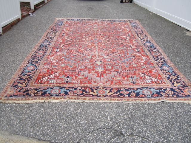 nice antique heriz rug measuring 7' 6" x 11' 2" nice colors solid rug some scattered wear great touch up candidate no dry rot no stain 750 plus shipping. SOLD THANKS  