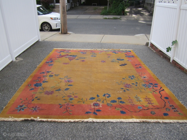 9' x 11' 7" antique chinese art deco rug beautiful colors solid rug has wear as shown no hole little moth at one end designer dream needs cleaning cheap money 395.00 plus  ...