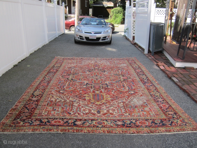 nice old heriz rug with nice colors good pile all around 2 worn spot as shown one end missing a row measures 8' 8" x 11' 9" solid rug no pets 785.00  ...