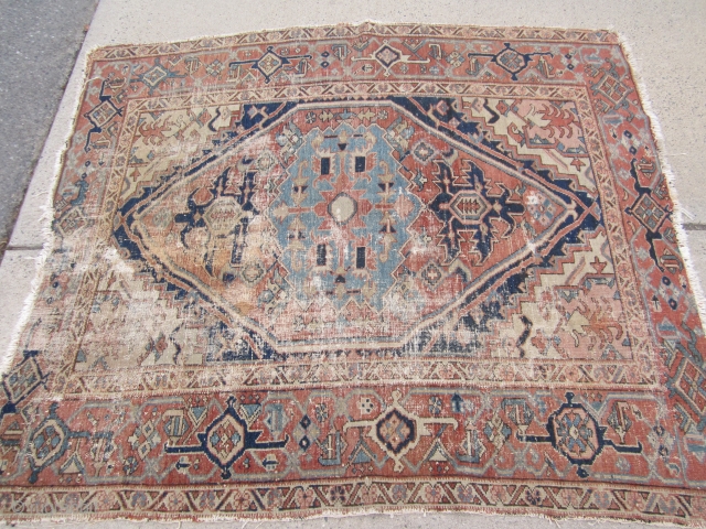 antique squarish serapi rug 4' 10" x 5' 7" poor condition no dry rot . SOLDDDDDDDDDDDDDDDDDDDDDDDDDDD                 