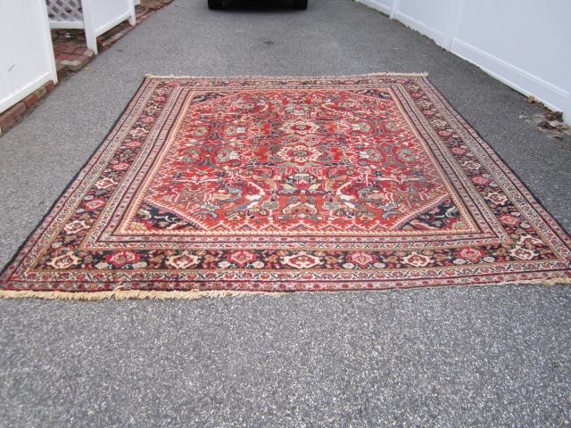 great rare squarish old mahal persian rug good general condition  worn fringes couple of low spot nothing major great colors very floppy measures 8' 11" x 10' 2" cheap money  