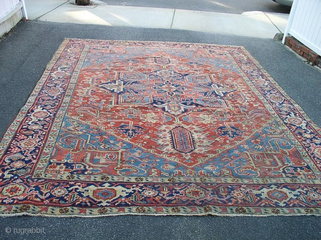 antique heriz wanted colors great condition some scattered surface wear not worn great pile beautiful solid rug clean ready to be used  measures 8' 9" x 11' 5". SOLD   