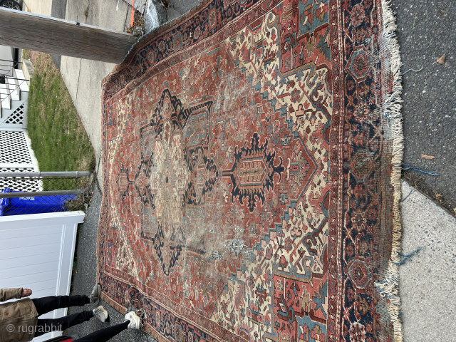 Damaged 9 x 12 heriz lots of great parts left to use for repair no dry rot no animal condition as shown this rug is for local pick up only in Malden  ...