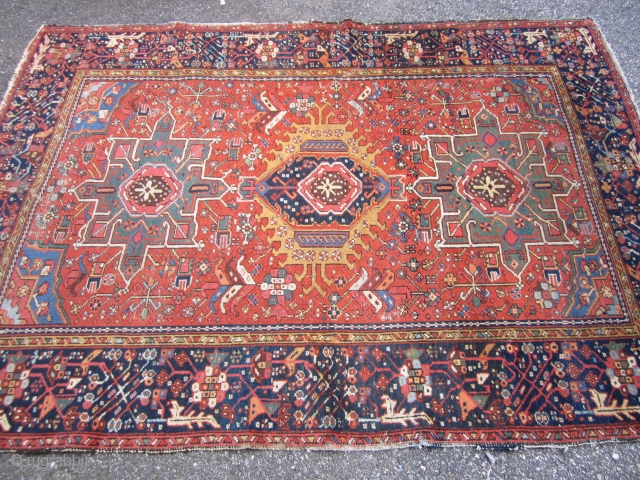 antique karaja karajeh rug 4' 6" x 6' 4" some minor foundation sides and ens need securing great old colors shipping is $25 in u.s.        