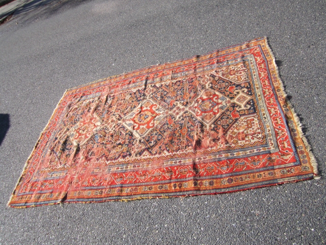 antique ghashgaie rug 4' 7" x 7' worn condition great colors creased .  SOLD THANKS                 