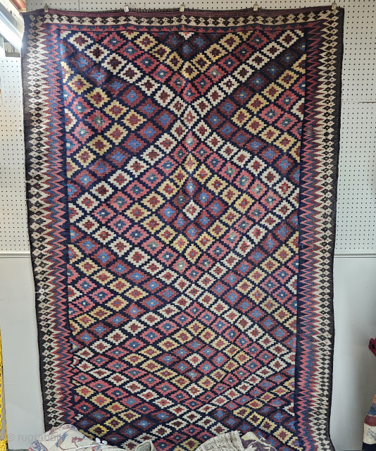 Antique Persian Veramin kilim rug, hand woven wool, NE Iran, this is a flat woven rug with no pile, reversable, OK antique condition, wear and restoration, the approximate size is 5ft 9in ...