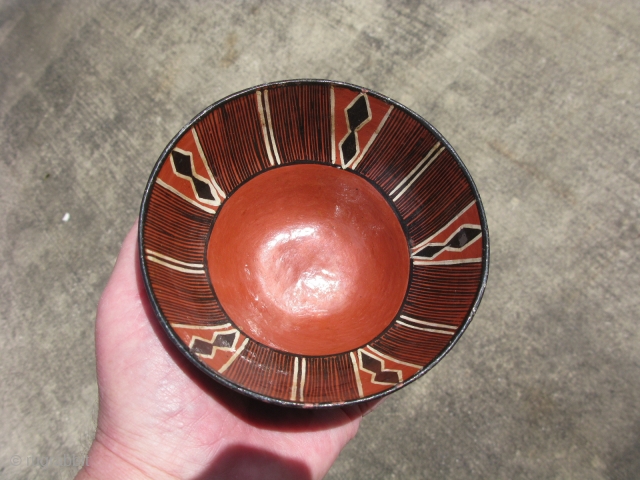 Vintage Mucahua pottery bowl for Chi Cha drink, Quichua Indians, ( Kichwa Indians ), Ecuador, Amazon Rainforest, fine line hand painting, lacquered with tree resin, I bought this from a woman she  ...