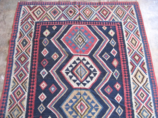 Shirvan area kilim, hand woven wool, fine slit tapestry, probably 19thC, navy field, a similar piece called a Talish by Rippon Boswell sold for $6200.00 in their 9-16-96 auction, lot 135, and  ...