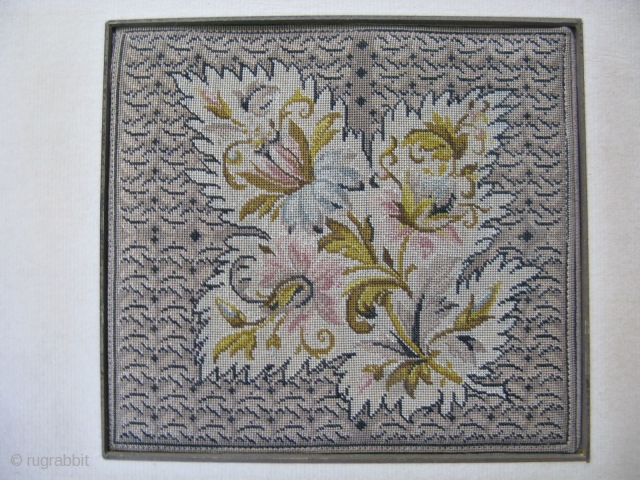 Antique English micro petit point, hand embroidered silk, ca.1860, 5.5x6 inches, an amazing 34 stitches per linear inch, about 1156 stiches per square inch, and approximately 38 thousand stitches to make the  ...