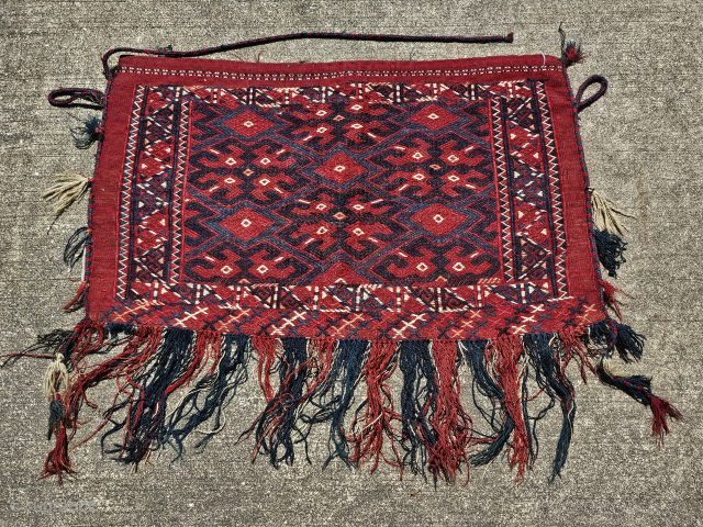 Turkoman Mafrash storage bag, Yomud or Tekke, hand woven wool, brocade and plain weave, good condition, 32x20 inches, the fringe adds about 7 inches, $69.00, pick up in Renningers Antique Market mount  ...