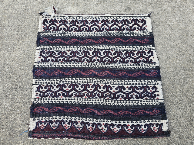 Tribal storage bag, Baluch People, Afghanistan, hand woven wool and goat hair, plain weave kilim and weft float brocade, general good condition with dog eared corner, the approximate measurements are 15 x  ...