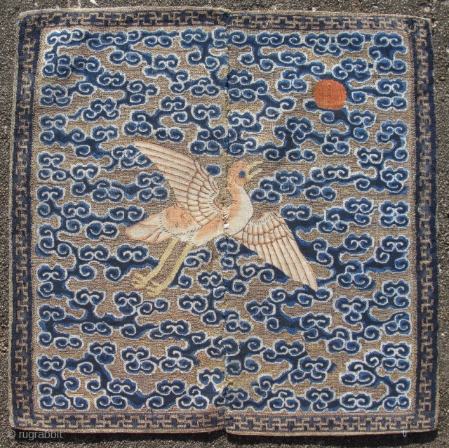 Antique Chinese textile, Mandarin square, civil rank badge, the round head, tan color, and "comma" shaped feathers on the back identify the bird as a Wild Goose, 4th Civil rank, hand woven  ...