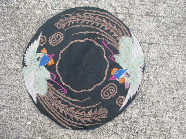 Antique Chinese rondel, hand embroidered silk on black silk, 2 opposing phoenix birds in the round, late 19thC / early 20thC general good antique condition with some loss, the approximate size is  ...