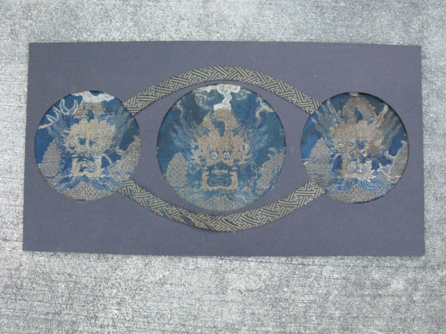 Antique Chinese embroidery dragon robe fragments for nobility, hand woven silk and metal threads, Qing Dynasty, Ch'ing Dynasty, they have 19thC cloud designs above the heads, prior to 1880, a combination of  ...