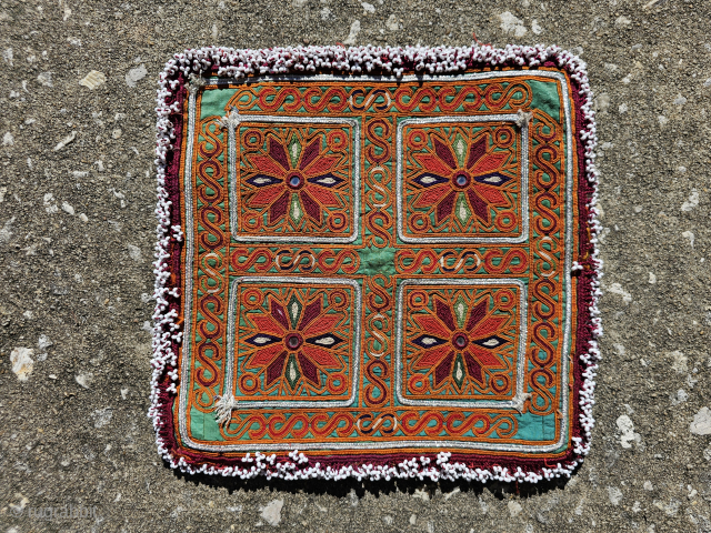 Pashtun dress panel, 20thC vintage, Afghanistan, embroidery, mirrors, and glass beads, very good condition, approximate size 9.5 x 9.5 inches, general good condition, $65.00 plus shipping, if I don't respond to your ...