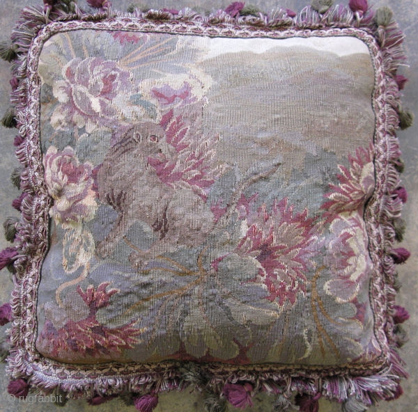 French Aubusson tapestry pillow, hand woven wool and silk, made from an 18thC tapestry fragment, a seated short hair dog and floral clusters, plain beige velvet back, very good condition, size 16in  ...