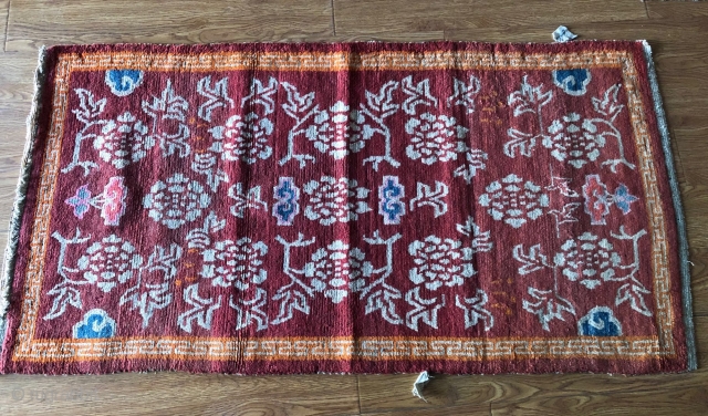 Tibetan rug, 150*80cm, handmade , beautiful plant color dyeing, Chinese peonies and auspicious cloud patterns all over the ground. without any repair.           