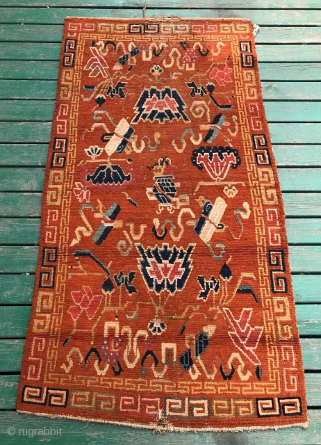 Antique Tibetan rug, 139*72cm. Chinese eight treasures of Buddha pattern. without any repair.                    