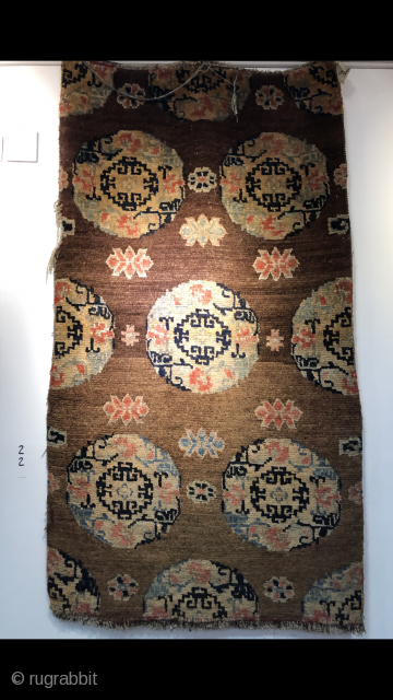 Tibetan rug, size 146*80cm. Brown color , medallion flowers . Good age.                     