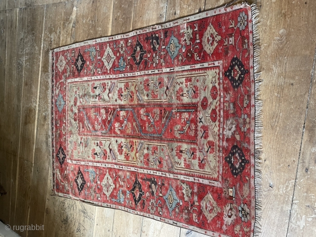 Finely woven melas rug. Limited palette. Last photo is the back. One small repair shown. Original sides needing some attention 150 by 110cm          