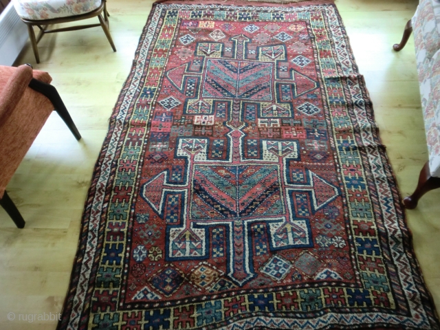 Super antique Quchan Kurd. Thick pile, strong design, good colours and lovely handle. Retains kilim ends, one oversown. Three small slits repaired (not by me), one of which is shown. Charming appeal.96  ...