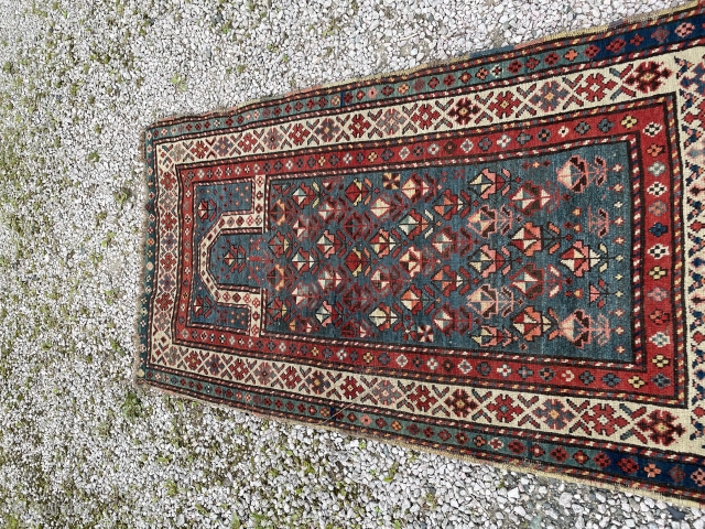 Sweet little Gendge prayer rug. Lovely teal colour. Edges need securing.  150 by 82cm                  