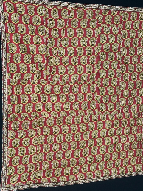 İndia Antique Block Print Fragments Turned into a Bokhca with Boteh Design. Very Fine Printed Backing. Circa - 1900s. Size - ''90 cm x 90 cm'' turkmansilver@gmail.com.      