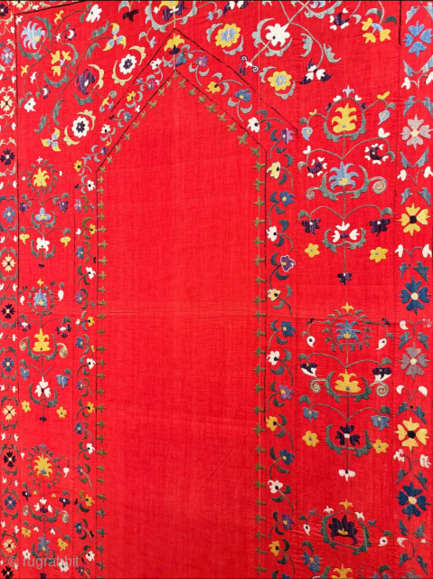Antique - Tajikistan silk embroidered talismanic prayer nim suzani with traditional floral design. Fine silk embroidery on extreme fine hand loomed dyed cotton. Great saturated happy natural colors.