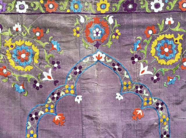 Antique Uzbekistan lakai silk on silk embroidered prayer suzani with traditional and floral design. Size - 51'' x 37'' - ''130 cm x 94 cm'' turkmansilver@gmail.com.