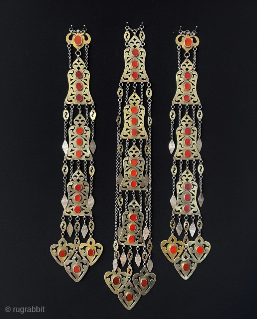 Central - Asian A set of Turkmen Traditional Silver Headpiece & Hair Jewelry Gold Washed and with Carnelian. Special Jewelery Used in Turkmen Weddings. Size - Two edges : 47.5 cm x  ...